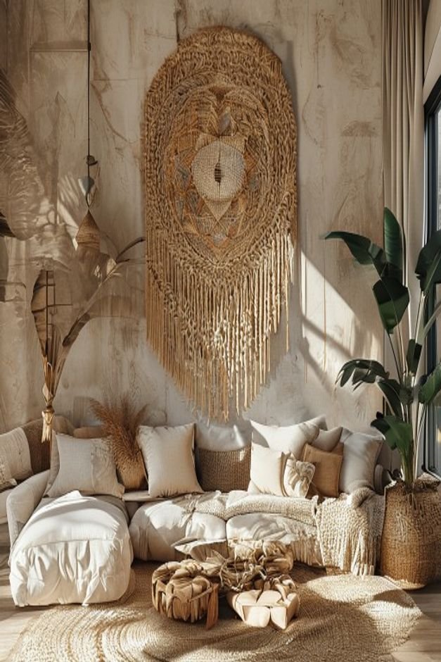 A bohemian-inspired living room featuring a large intricate DIY macrame wall hanging with natural fibers and geometric p