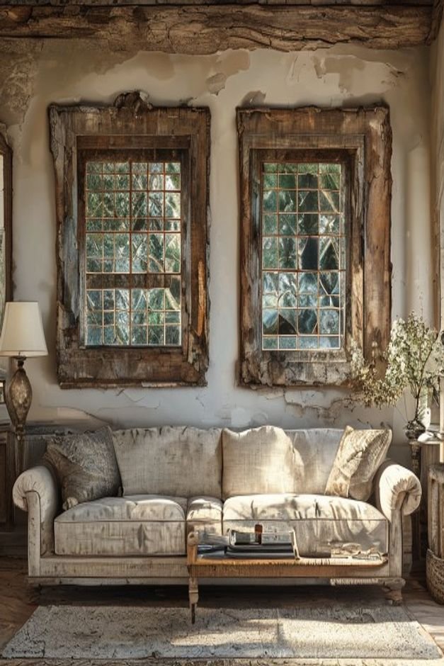 A charming display of architectural salvage above a sofa Two reclaimed antique window frames with original glass and dis