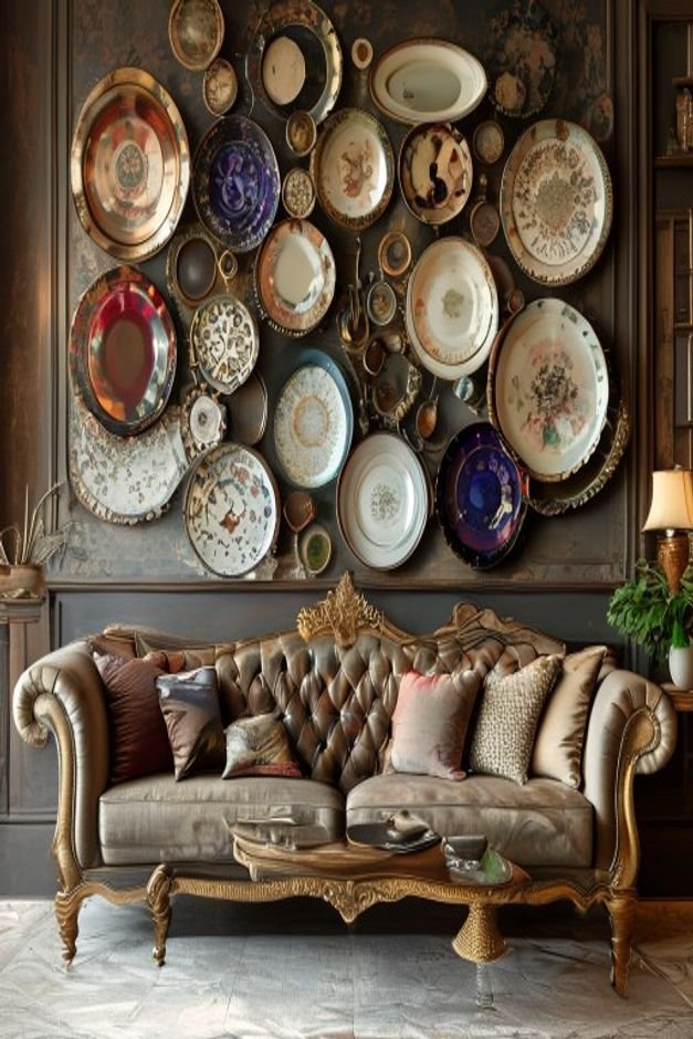 An eclectic and visually appealing plate wall display above a classic sofa A collection of various decorative plates in