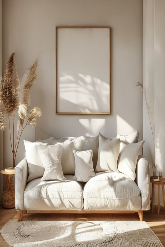Editorial home photo for Thoughtful Design Above Your Sofa, natural light, realistic styling, no text overlay