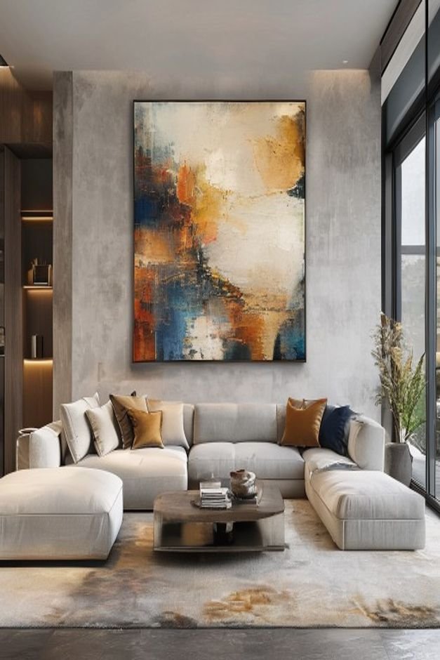 A modern living room with a spacious sectional sofa Above the sofa a single large abstract painting fills approximately