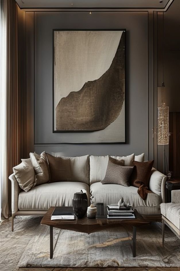 An elegant living room featuring a long low-profile sofa Above it a singular oversized piece of framed artwork in a dark