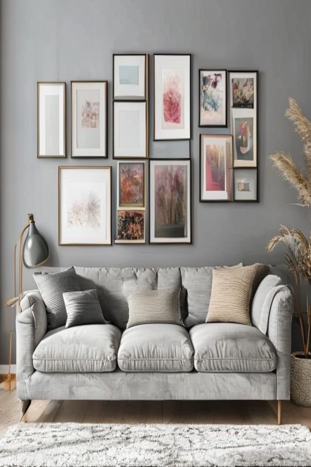 A beautifully curated gallery wall above a plush grey three-seater sofa The arrangement includes a mix of framed prints