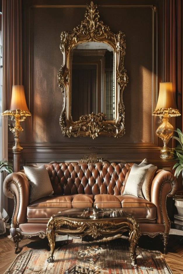 A cozy living room with a classic chesterfield sofa Centered above the sofa is a large ornate gold-framed mirror reflect