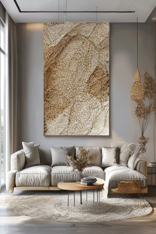 A contemporary living room with a sleek modular sofa Above it a large textured fiber art piece possibly macrame or woven