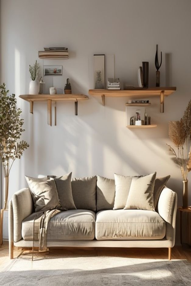 A stylish living room featuring a modern sofa Above the sofa two slim floating shelves are mounted showcasing a curated