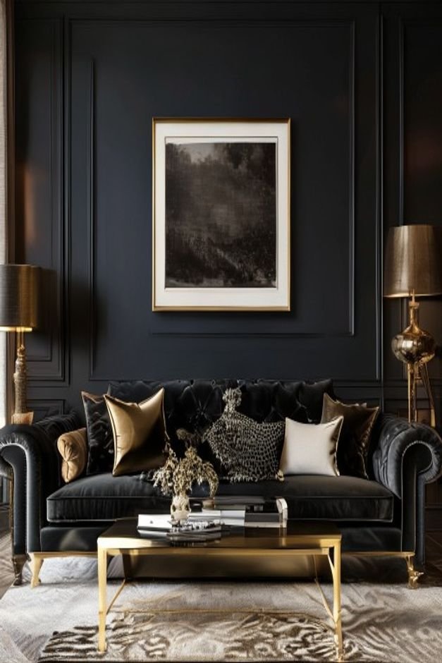 A sophisticated living room with a dark velvet sofa Flanking a large framed print above the sofa are two elegant brass w