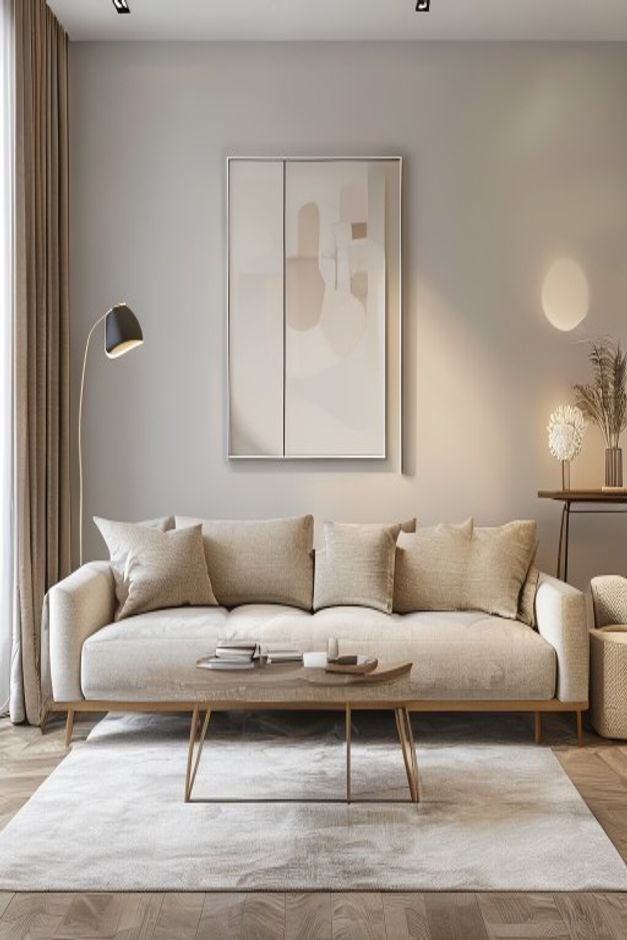A modern living room with a comfortable neutral-toned sofa Above it an intentionally asymmetrical arrangement of three d
