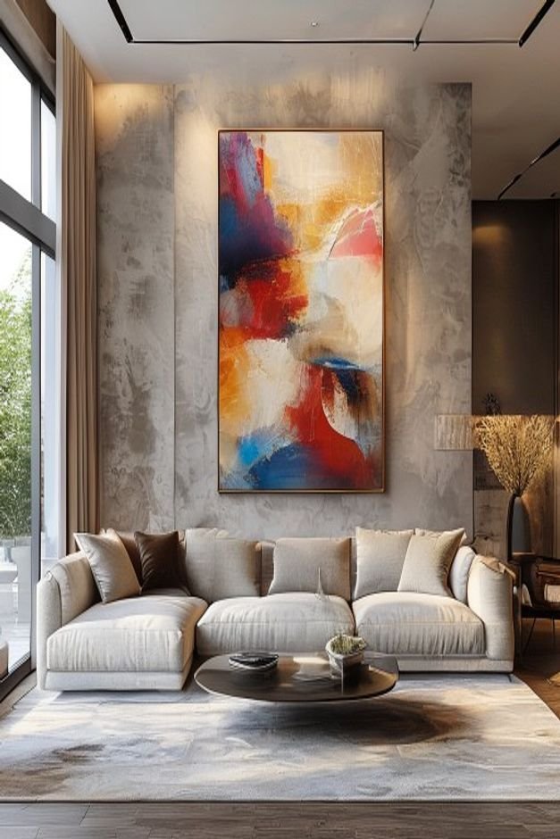 A modern living room with a spacious sectional sofa Above the sofa a single large abstract painting fills approximately