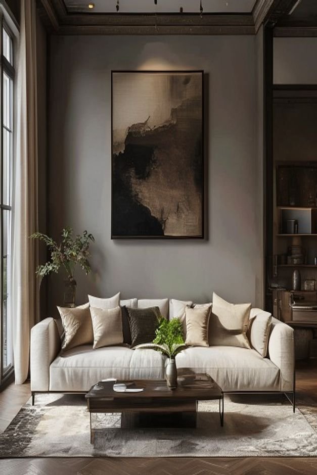 An elegant living room featuring a long low-profile sofa Above it a singular oversized piece of framed artwork in a dark