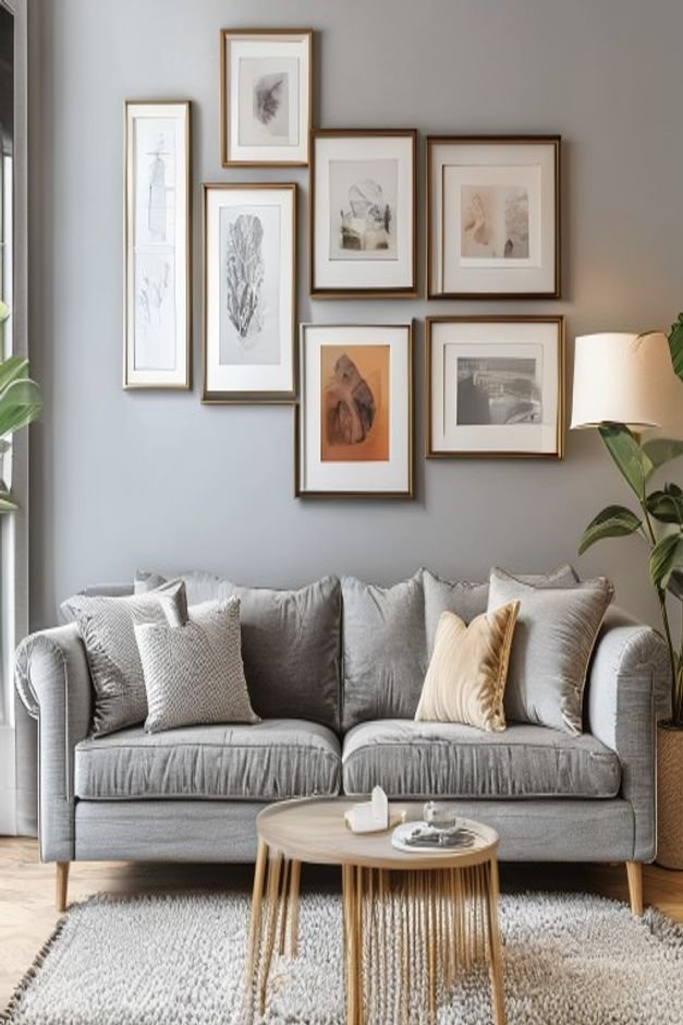 A beautifully curated gallery wall above a plush grey three-seater sofa The arrangement includes a mix of framed prints