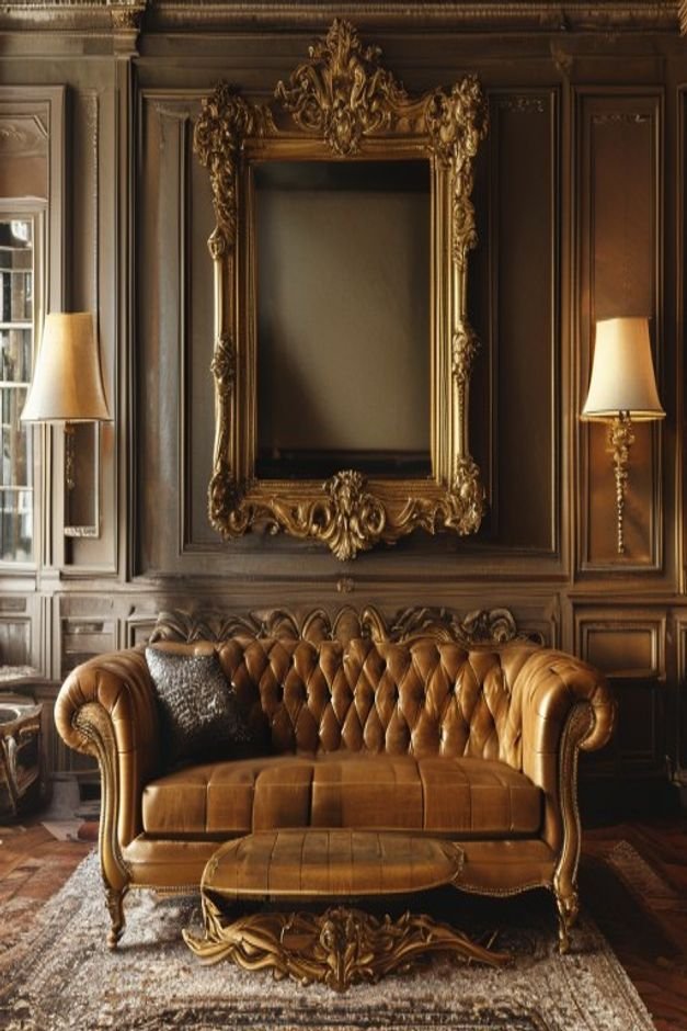 A cozy living room with a classic chesterfield sofa Centered above the sofa is a large ornate gold-framed mirror reflect