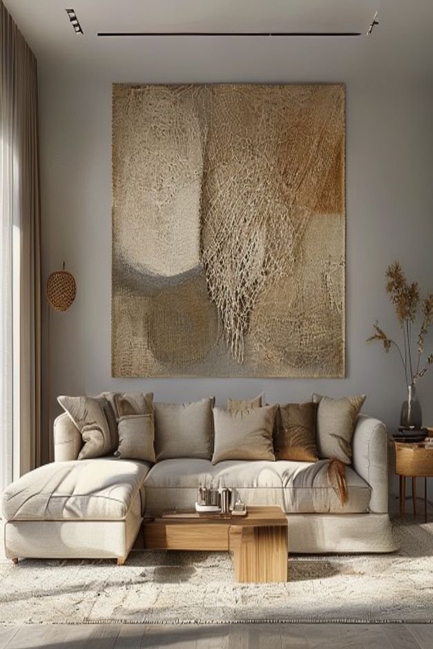 A contemporary living room with a sleek modular sofa Above it a large textured fiber art piece possibly macrame or woven