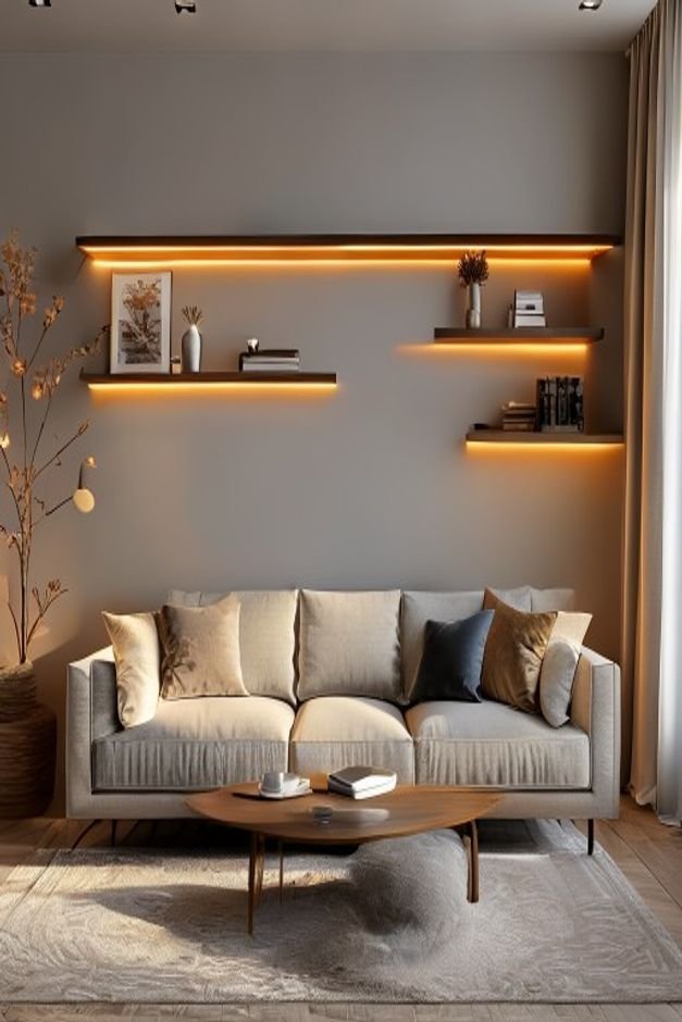 A stylish living room featuring a modern sofa Above the sofa two slim floating shelves are mounted showcasing a curated