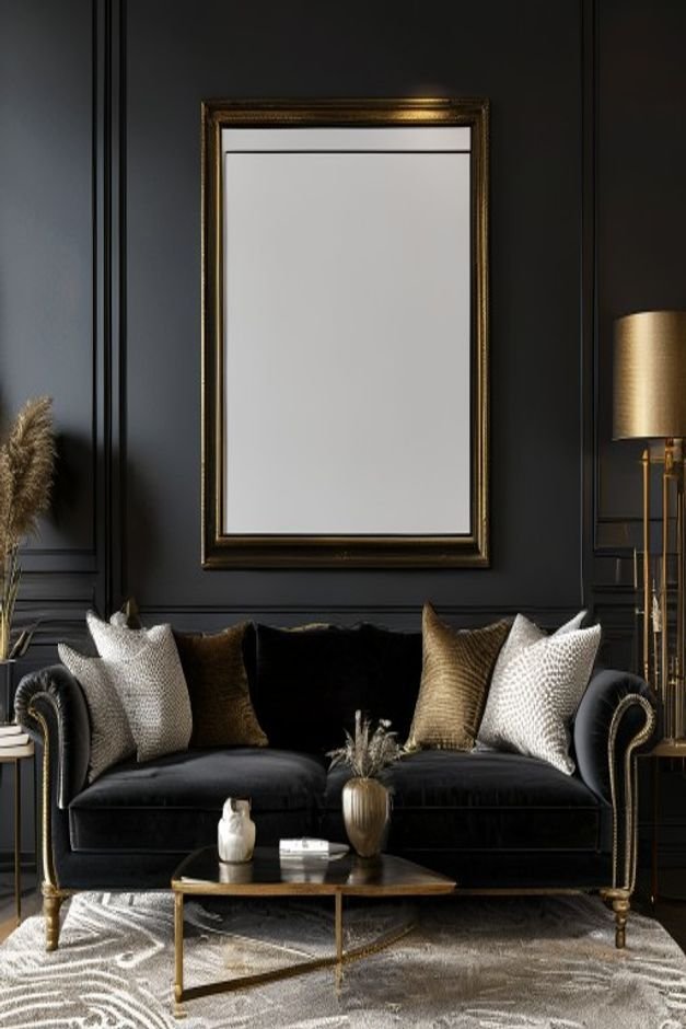 A sophisticated living room with a dark velvet sofa Flanking a large framed print above the sofa are two elegant brass w
