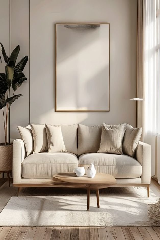 A modern living room with a comfortable neutral-toned sofa Above it an intentionally asymmetrical arrangement of three d