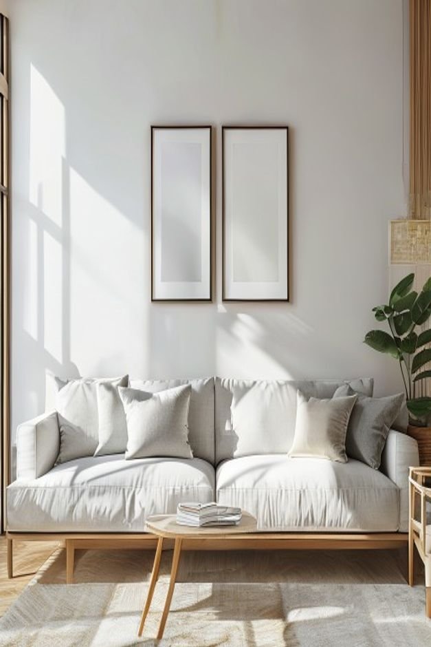 A bright airy living room featuring a long contemporary sofa Above it a perfectly scaled arrangement of three framed art