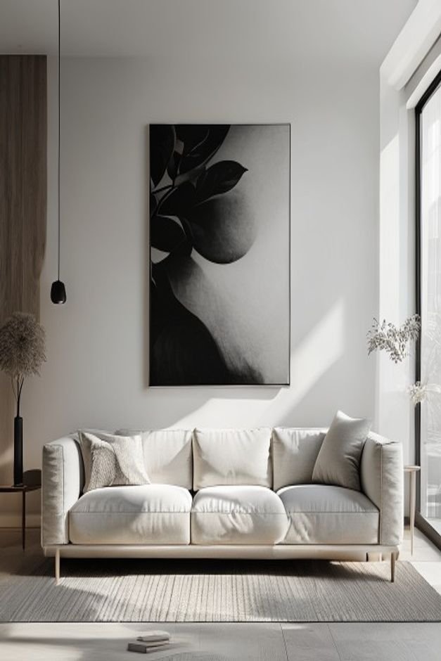 A minimalist living room with a sleek low-profile sofa Above it a single oversized black-and-white photographic print co