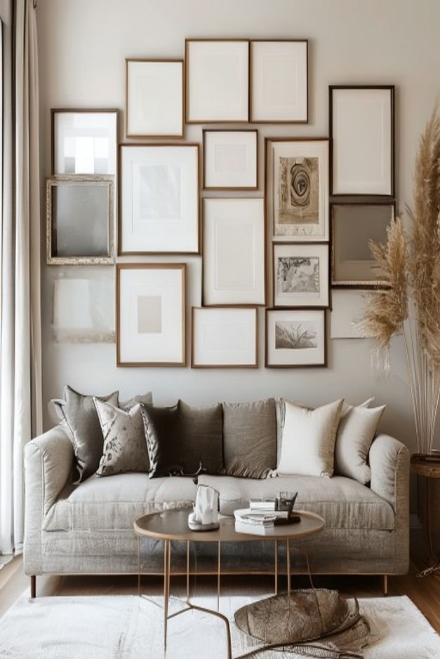 A beautifully curated gallery wall above a comfortable fabric sofa The wall features a mix of different sized frames som