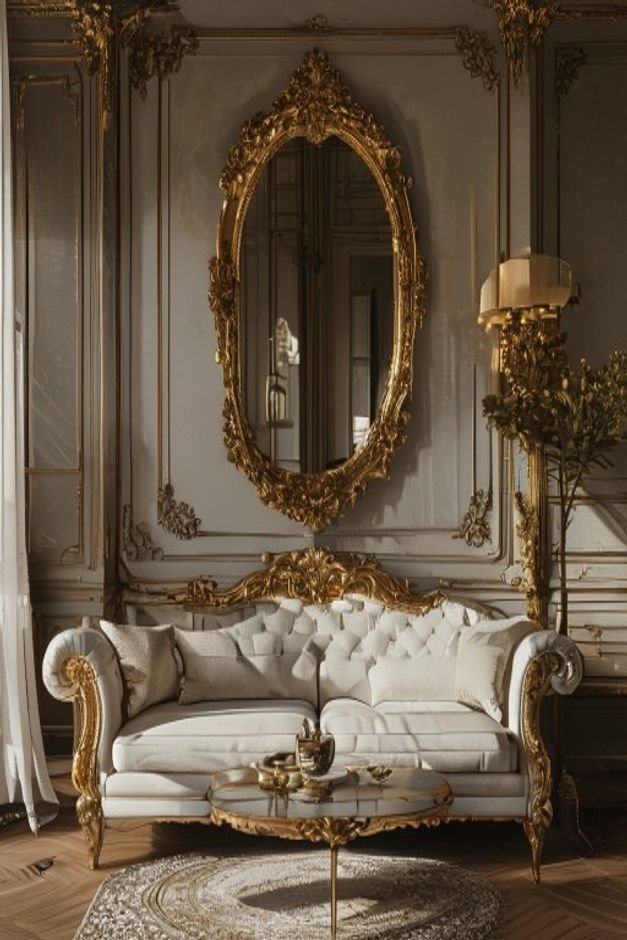 A cozy living room with a classic sofa Above it a large ornate gilded mirror reflects the opposite side of the room maki