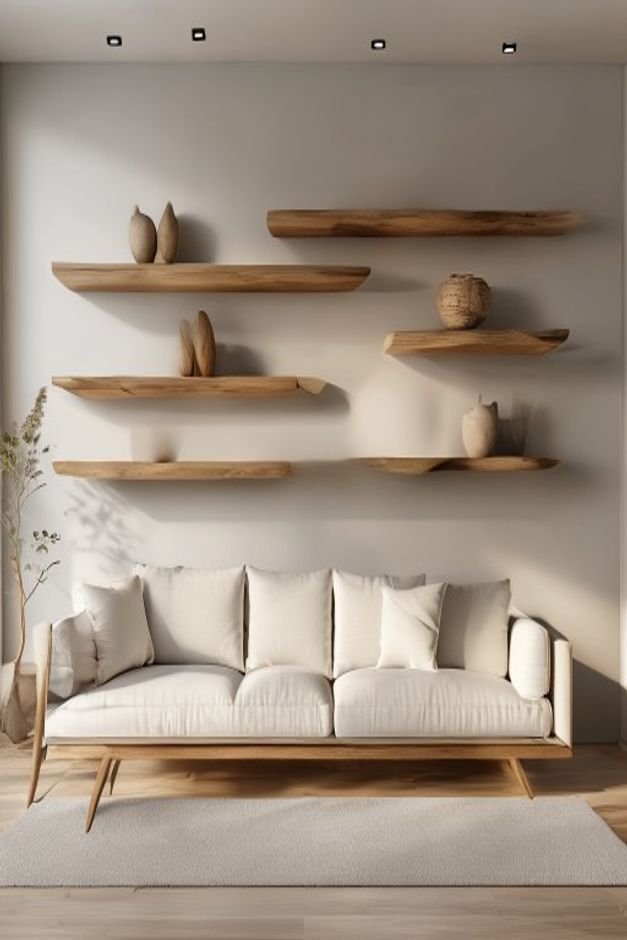 A modern living room featuring a streamlined sofa Above it two sleek natural wood floating shelves are artfully styled w