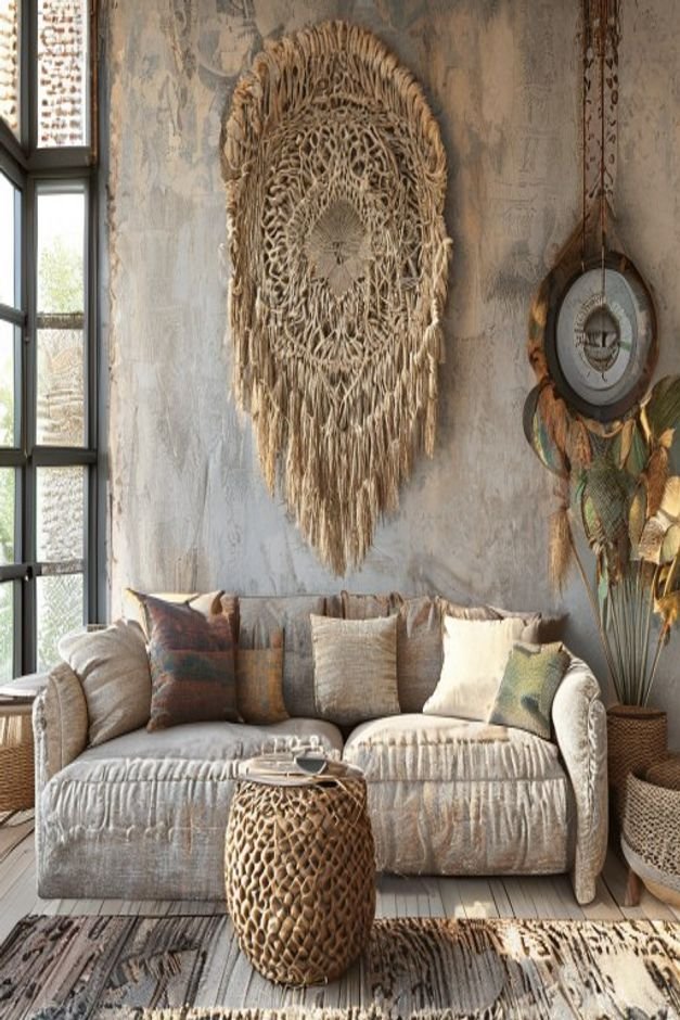 A bohemian-inspired living room with a plush textured sofa Above it a large intricate macrame wall hanging or a woven ta