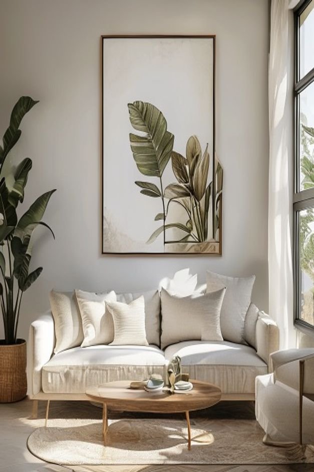 A contemporary living room with a sofa and a large framed botanical print positioned at the ideal eye level for someone