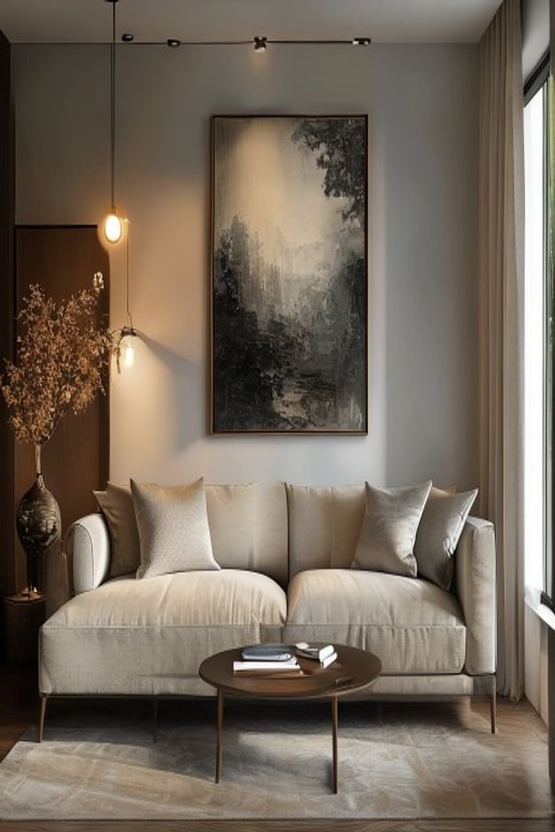 A sophisticated living room with a tailored sofa Above a striking piece of art a slender picture light is mounted castin