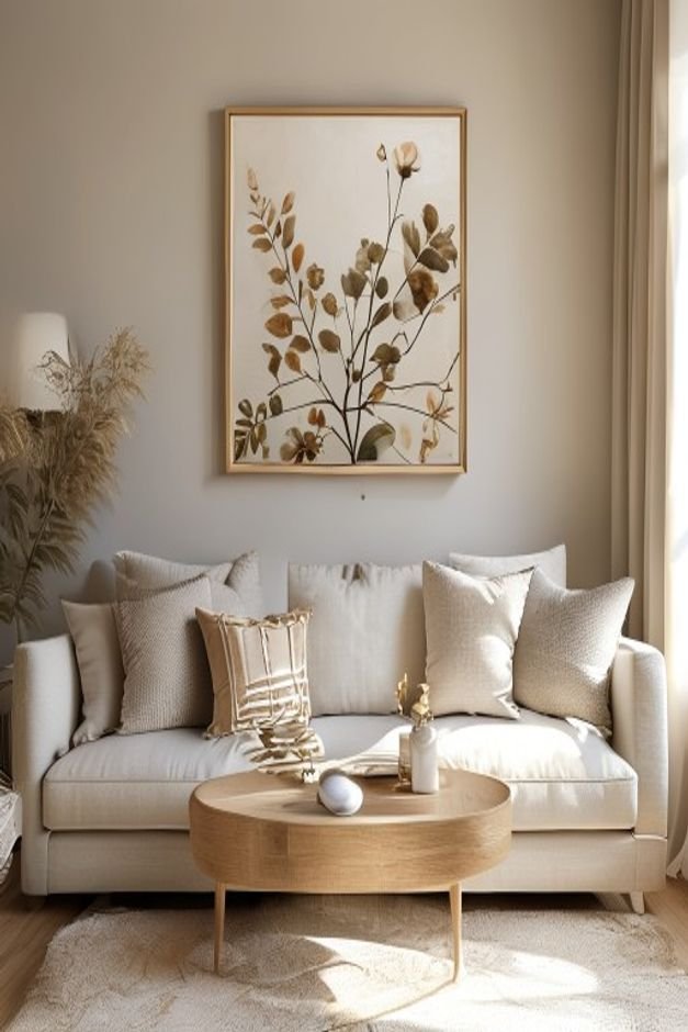 Editorial home photo for A Cohesive Look for Your Above Sofa Wall Decor, natural light, realistic styling, no text overlay