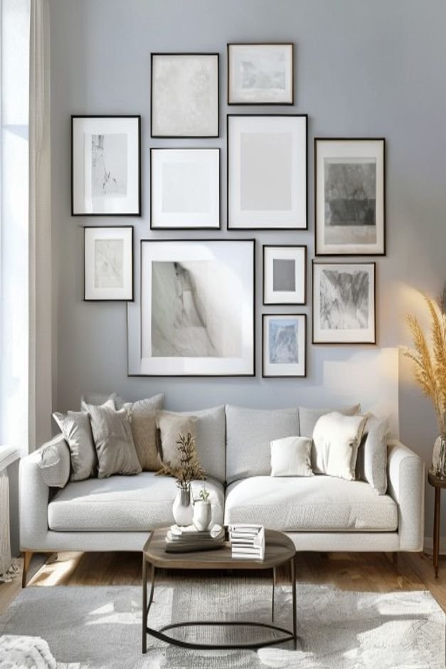 A thoughtfully arranged gallery wall above a light grey sectional sofa Mixed frames of varying sizes and art styles are