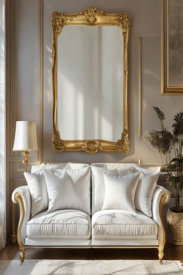 A chic living room featuring a large ornate gold-framed mirror above a classic white linen sofa The mirror reflects a br