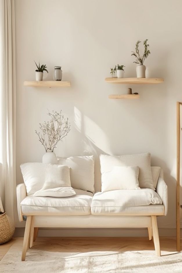 Two minimalist light wood floating shelves positioned above a natural linen sofa Curated objects like small potted succu