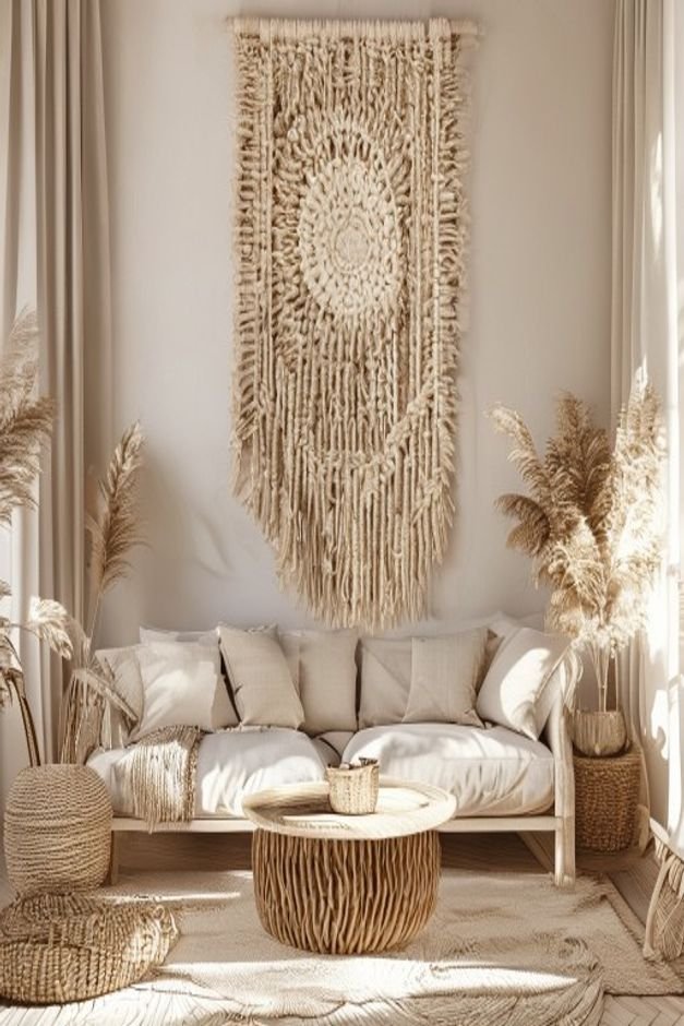 A cozy living room with a large textured woven macrame wall hanging in natural cream tones suspended above a bohemian-st