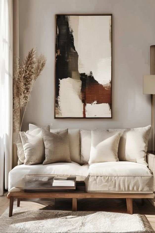 A low modern console table made of dark wood positioned behind a cream-colored sofa A large framed abstract print is cas