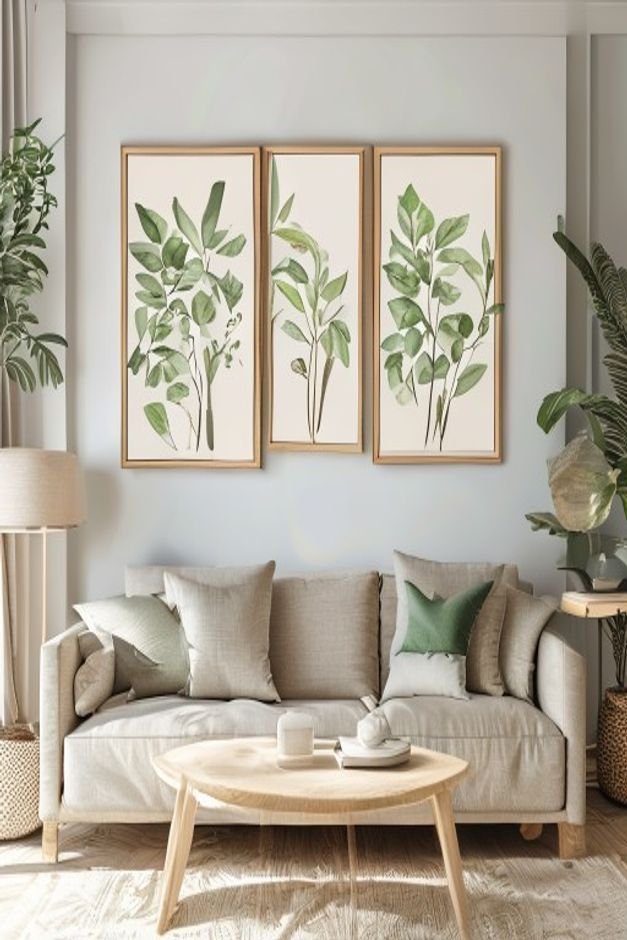 A formal living room with two identical framed botanical prints featuring delicate green foliage hung symmetrically abov
