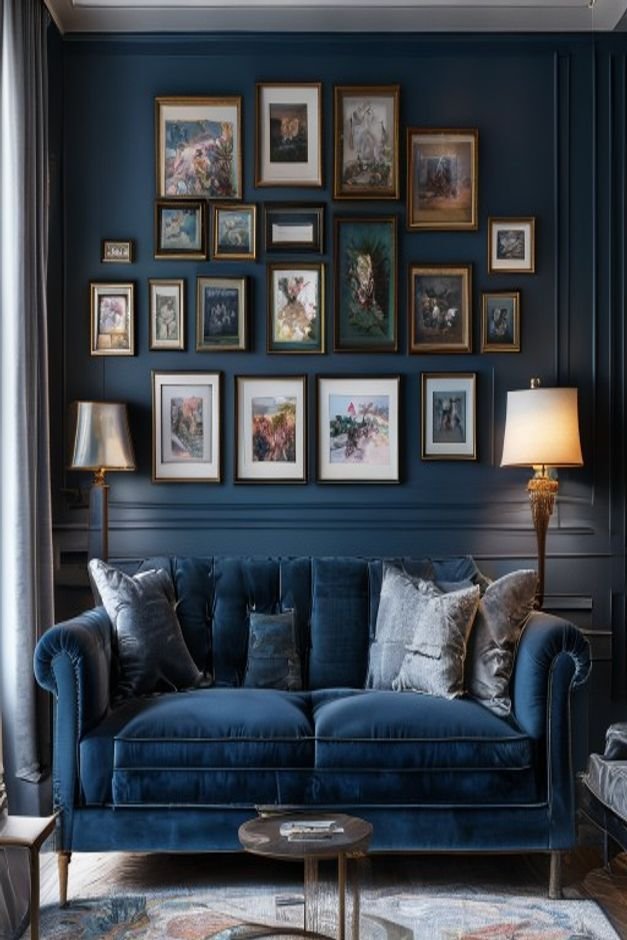 A cozy living room with a dark blue velvet sofa Above it a meticulously arranged gallery wall displays various framed ph