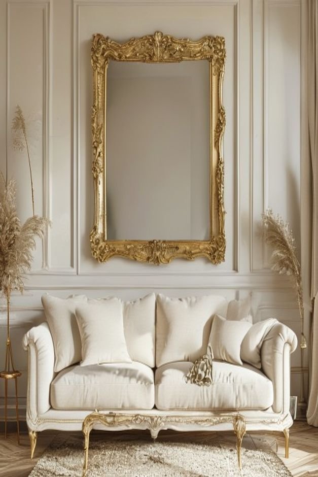 An elegant living room with a cream-colored linen sofa Directly above it a large ornate gold-framed mirror reflects a br
