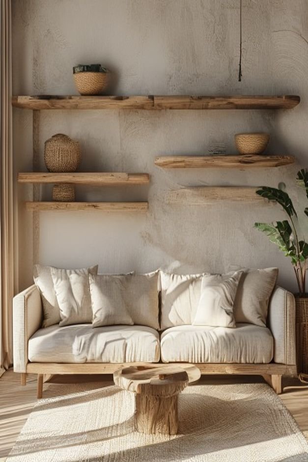 A bohemian-inspired living room with a low-profile natural fiber sofa Above the sofa two parallel floating shelves are i