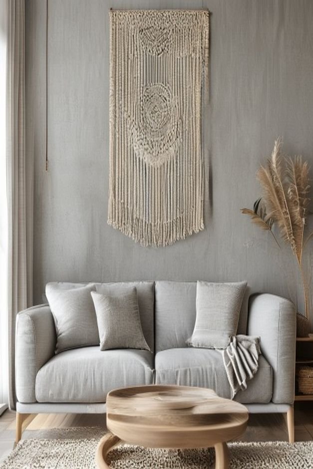 A minimalist living room with a clean-lined gray sofa Above it a large hand-woven macrame wall hanging with intricate pa