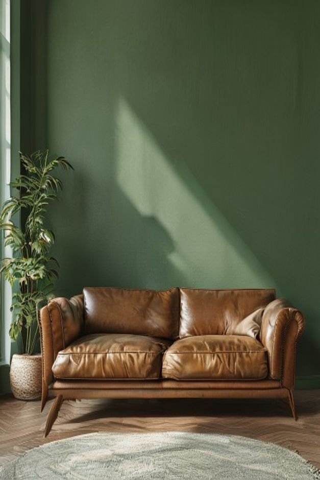 A relaxed eclectic living room A vintage-style leather sofa is pushed against a muted green wall Resting on the floor an