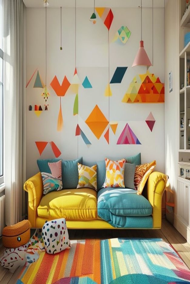 A child s playroom or a whimsical living room corner Above a small brightly colored sofa a pattern of geometric removabl