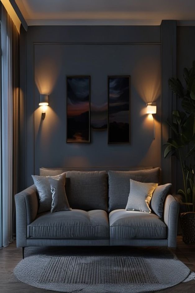 A sophisticated living room at dusk A comfortable charcoal gray sofa is illuminated by two stylish wall-mounted picture