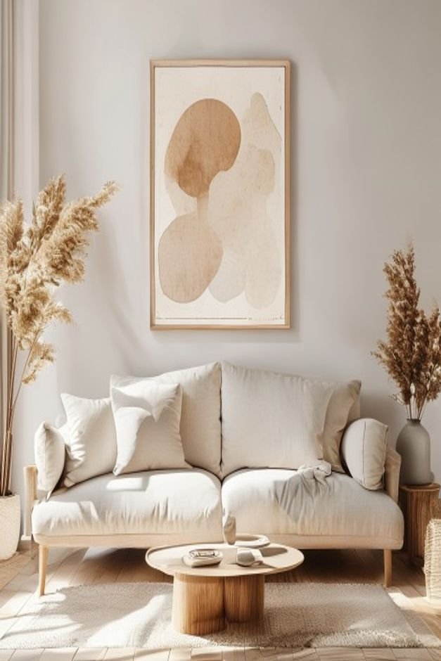 A cozy living room featuring a minimalist sofa Above it a single large abstract artwork framed in light wood is securely