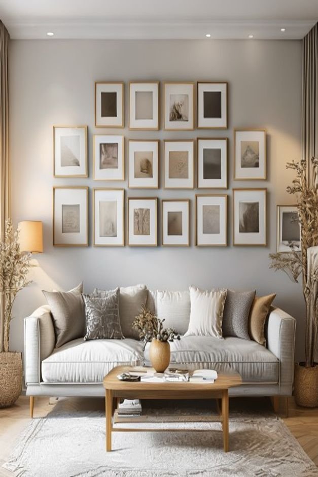 A neatly arranged living room showcasing a symmetrical grid gallery wall above a sofa The frames are uniform in size and