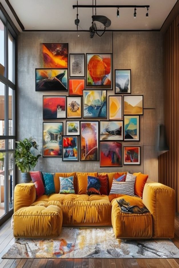 A vibrant living space with a plush sofa Above it an artfully arranged asymmetrical gallery wall combines various sized