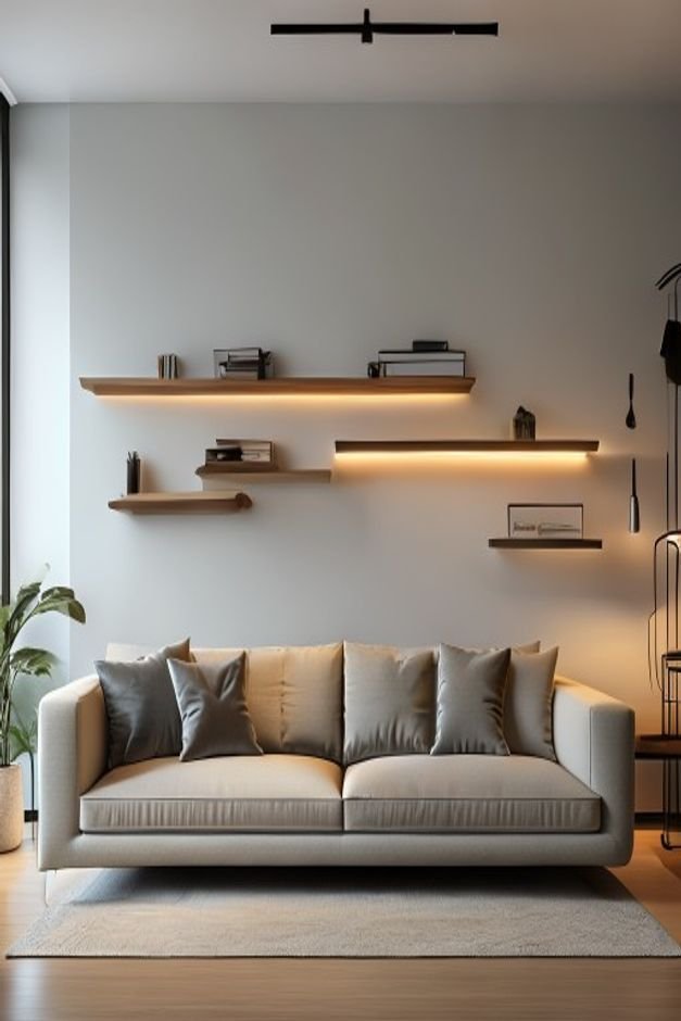 A modern living room with a sleek sofa Above it two minimalist floating shelves display a curated collection of small pl