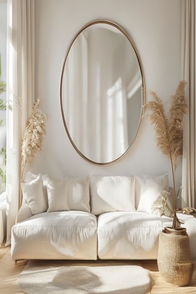 A bright airy living room with a linen sofa Behind it a grand oversized round mirror with a thin metallic frame leans ag