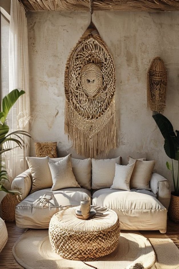 A bohemian-inspired living room with a low-slung sofa Above it a large intricately woven macrame wall hanging in natural