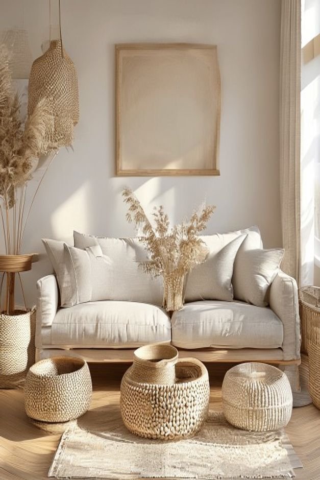 A charming living room with a neutral-toned sofa Above the sofa an organic arrangement of various-sized woven baskets cr