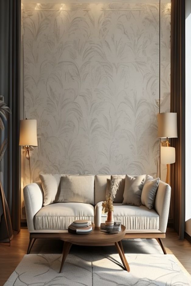 A playful yet sophisticated living room with a modern sofa Behind it a subtle elegant temporary wallpaper pattern or lar